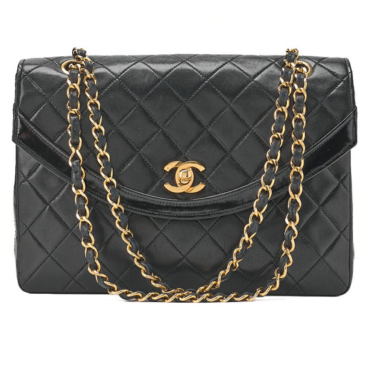 CHANEL Chain Shoulder Bag Matrasse Round Flap Lambskin x Enamel Black Gold-Tone Hardware, Pre-Owned