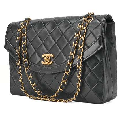 CHANEL Chain Shoulder Bag Matrasse Round Flap Lambskin x Enamel Black Gold-Tone Hardware, Pre-Owned