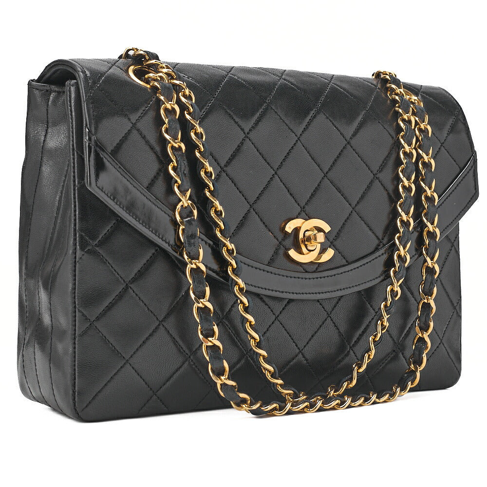 CHANEL Chain Shoulder Bag Matrasse Round Flap Lambskin x Enamel Black Gold-Tone Hardware, Pre-Owned