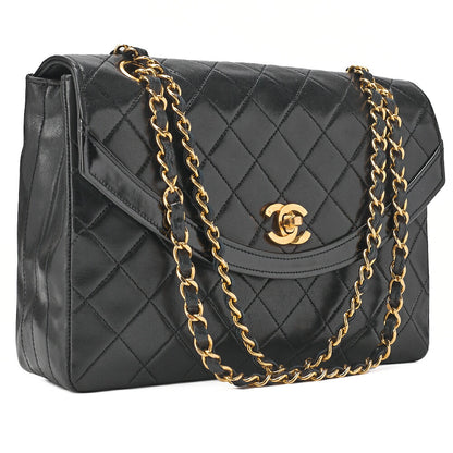 CHANEL Chain Shoulder Bag Matrasse Round Flap Lambskin x Enamel Black Gold-Tone Hardware, Pre-Owned