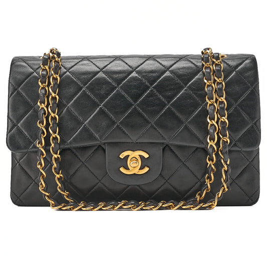 CHANEL Lambskin Matelasse 25cm Double Flap Chain Shoulder Black Gold-Tone Hardware, Pre-Owned