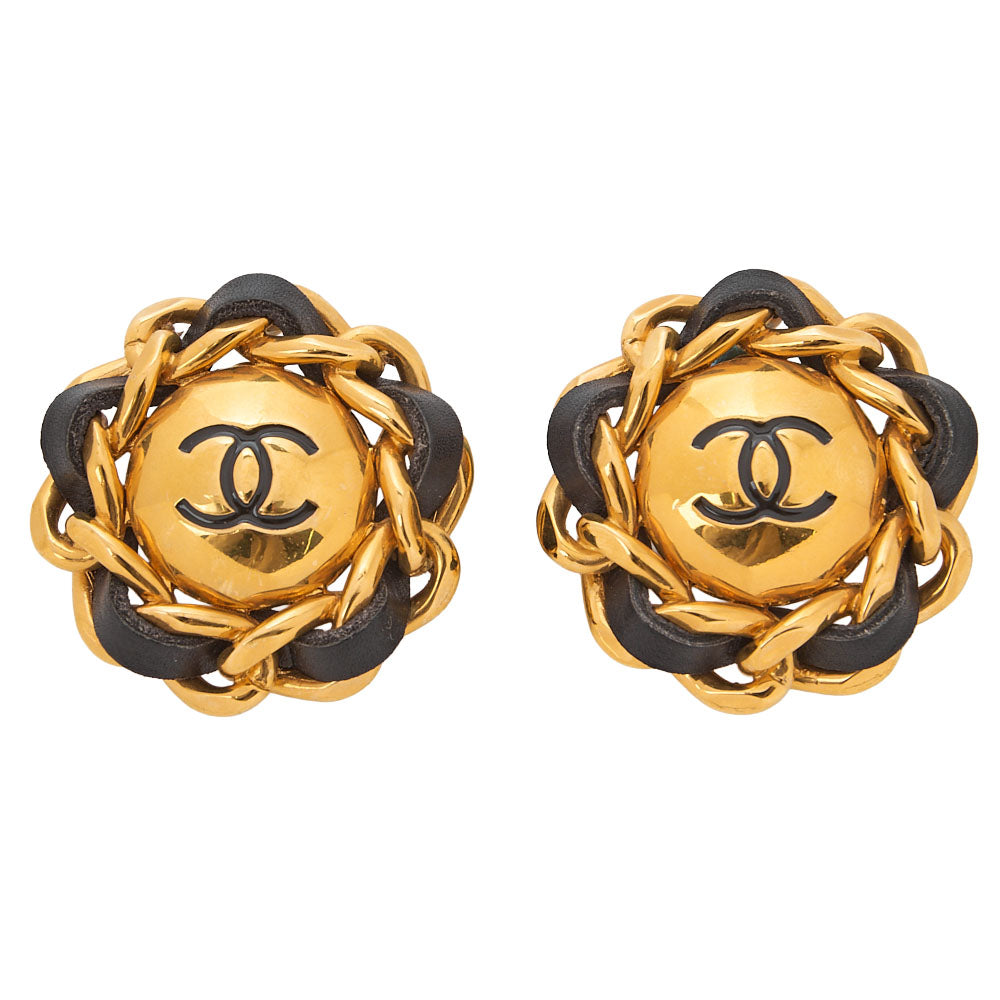 CHANEL Coco Mark Floral Earrings 93A GP X Lambskin Gold Gold-Tone Hardware, Pre-Owned