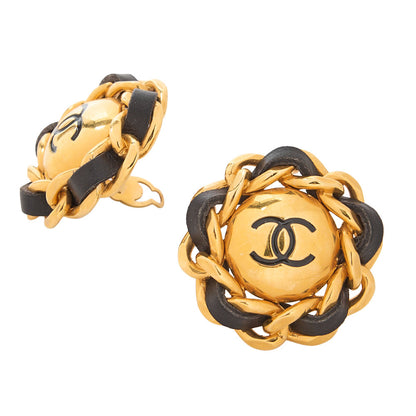 CHANEL Coco Mark Floral Earrings 93A GP X Lambskin Gold Gold-Tone Hardware, Pre-Owned