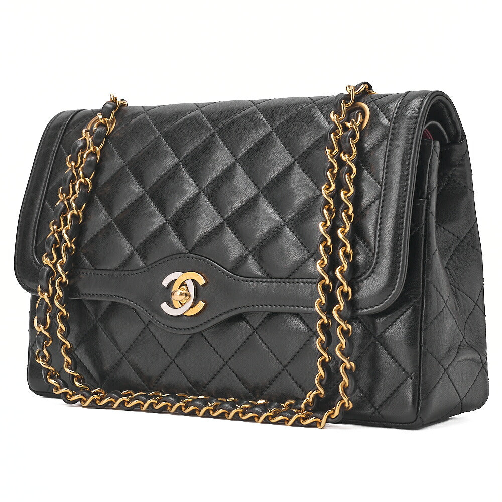 CHANEL Lambskin Matelasse 25cm Paris Limited Double Flap Shoulder Bag Black Gold-Tone Hardware, Pre-Owned