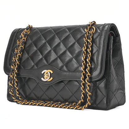 CHANEL Lambskin Matelasse 25cm Paris Limited Double Flap Shoulder Bag Black Gold-Tone Hardware, Pre-Owned