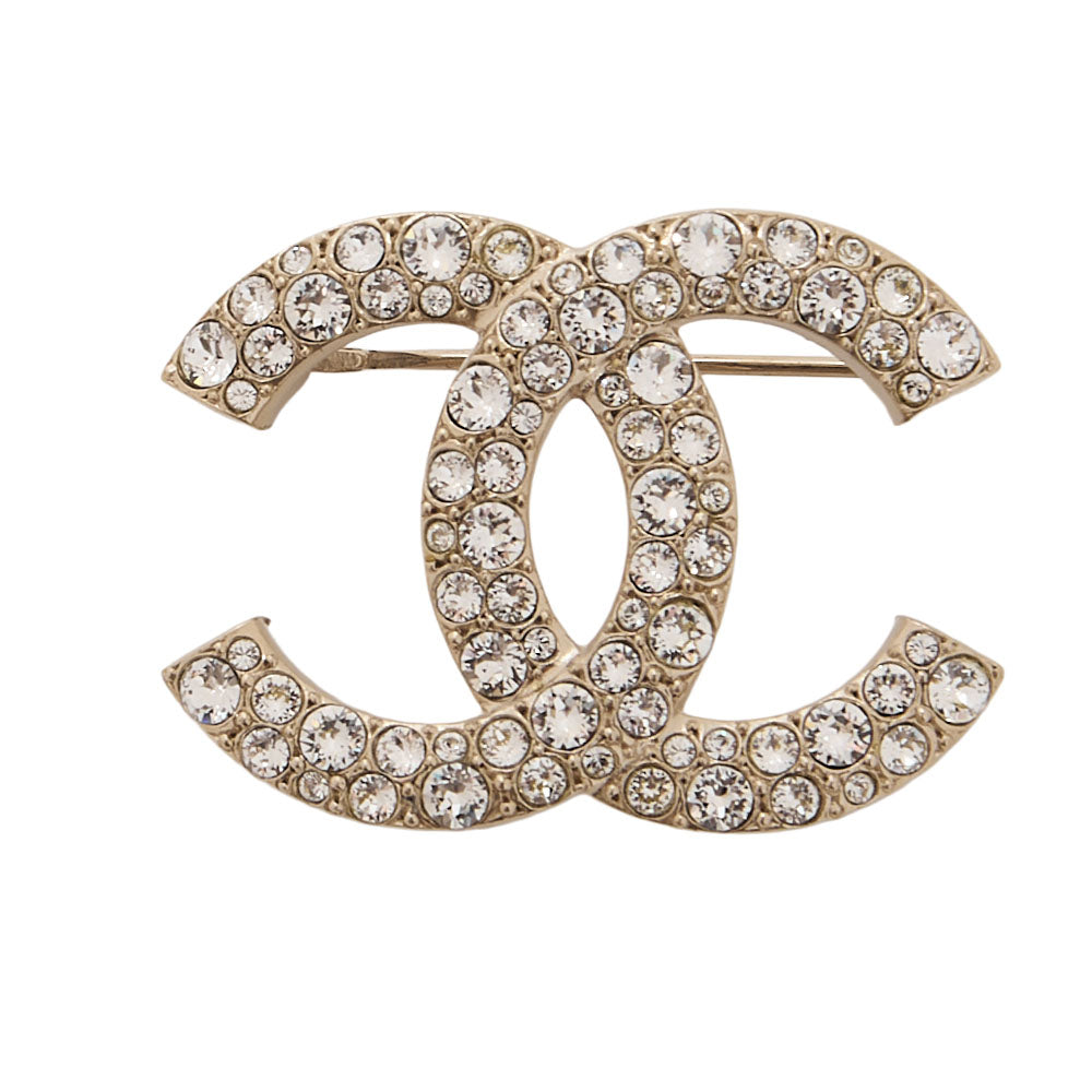 CHANEL ココマーク C21V ブローチ GP x ラインストーン シャンパンゴールド ゴールド金具, 中古