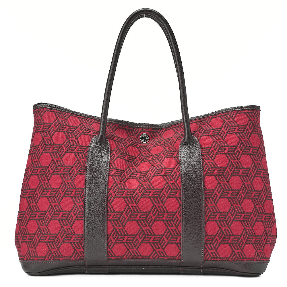 HERMES ガーデンパーティ PM ハンドバッグ トワルアッシュ 赤 x 茶 シルバー金具 中古