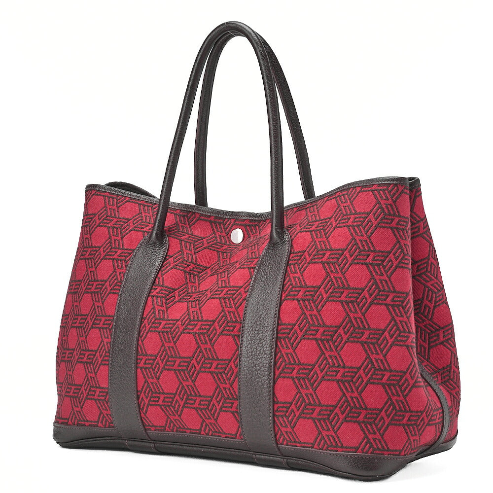HERMES ガーデンパーティ PM ハンドバッグ トワルアッシュ 赤 x 茶 シルバー金具 中古