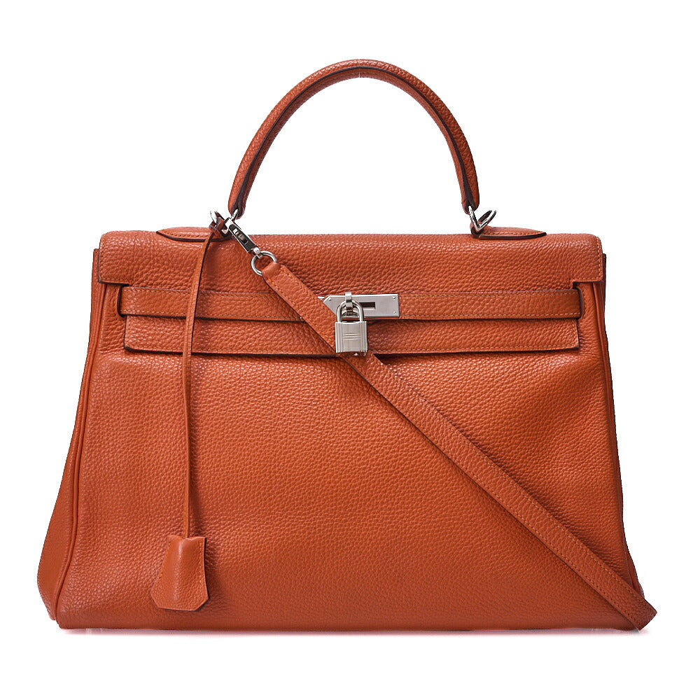 HERMES Kelly 35 2way Handbag Tryon Clemence Orange Silver-Tone Hardware, Pre-Owned