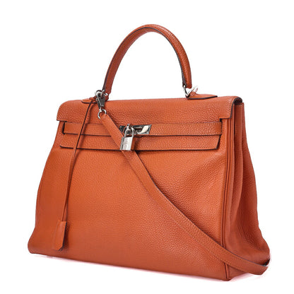 HERMES Kelly 35 2way Handbag Tryon Clemence Orange Silver-Tone Hardware, Pre-Owned