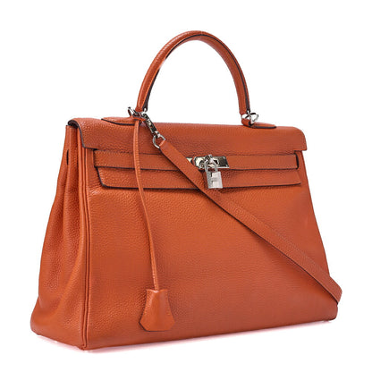 HERMES Kelly 35 2way Handbag Tryon Clemence Orange Silver-Tone Hardware, Pre-Owned