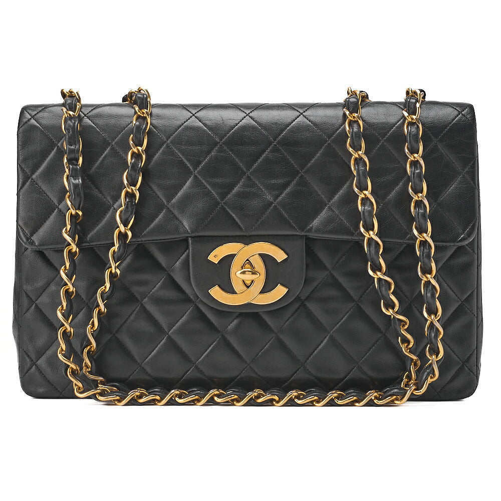 CHANEL Chain Shoulder Bag Deca Matelasse 34cm Single Flap Lambskin Black Gold-Tone Hardware, Pre-Owned