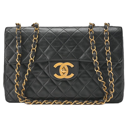 CHANEL Chain Shoulder Bag Deca Matelasse 34cm Single Flap Lambskin Black Gold-Tone Hardware, Pre-Owned