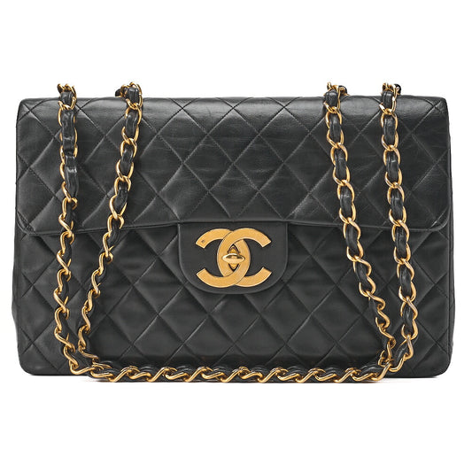 CHANEL Chain Shoulder Bag Deca Matelasse 34cm Single Flap Lambskin Black Gold-Tone Hardware, Pre-Owned