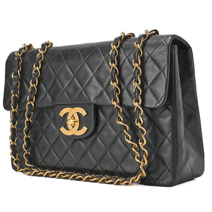 CHANEL Chain Shoulder Bag Deca Matelasse 34cm Single Flap Lambskin Black Gold-Tone Hardware, Pre-Owned