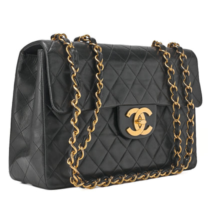CHANEL Chain Shoulder Bag Deca Matelasse 34cm Single Flap Lambskin Black Gold-Tone Hardware, Pre-Owned