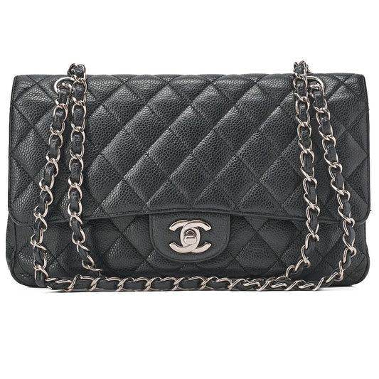 CHANEL Caviar Skin Matelasse 25cm Double Flap Chain Shoulder Black Silver-Tone Hardware, Pre-Owned