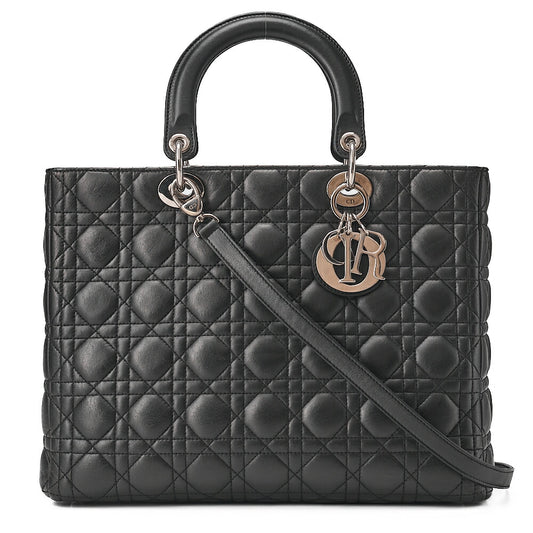Dior Lady Dior Cannage Handbag Large Size Lambskin Black Silver-Tone Hardware, Pre-Owned