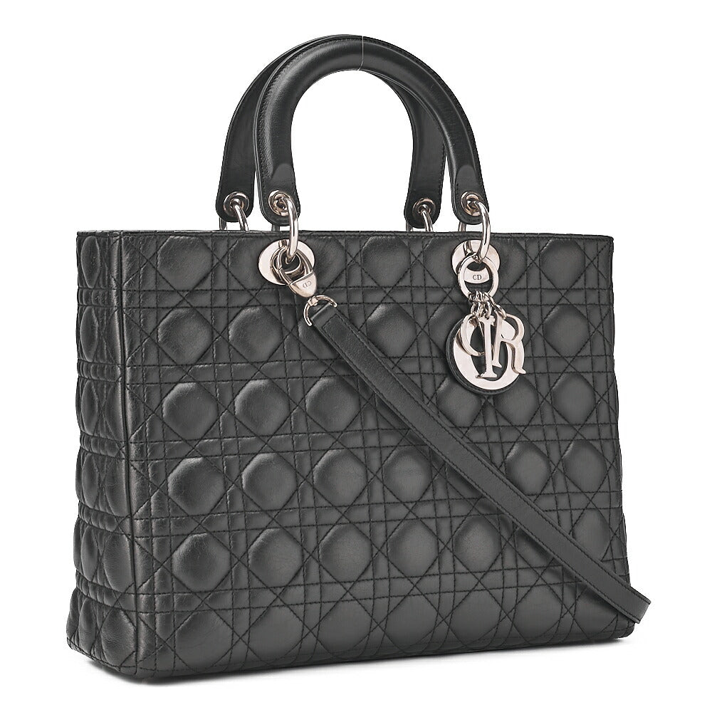 Dior Lady Dior Cannage Handbag Large Size Lambskin Black Silver-Tone Hardware, Pre-Owned