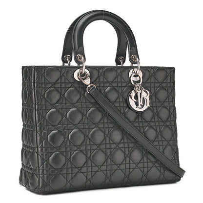 Dior Lady Dior Cannage Handbag Large Size Lambskin Black Silver-Tone Hardware, Pre-Owned