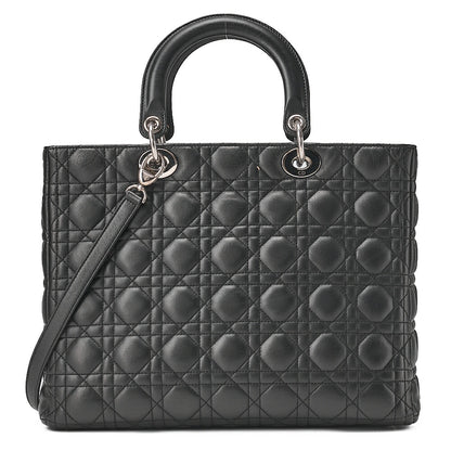 Dior Lady Dior Cannage Handbag Large Size Lambskin Black Silver-Tone Hardware, Pre-Owned