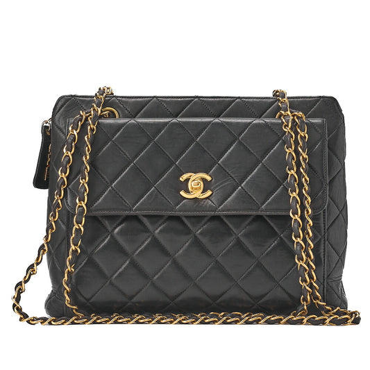 CHANEL Matelasse Outside Flap Turnlock Logo Charm Double Chain Shoulder Lambskin Black Gold-Tone Hardware, Pre-Owned