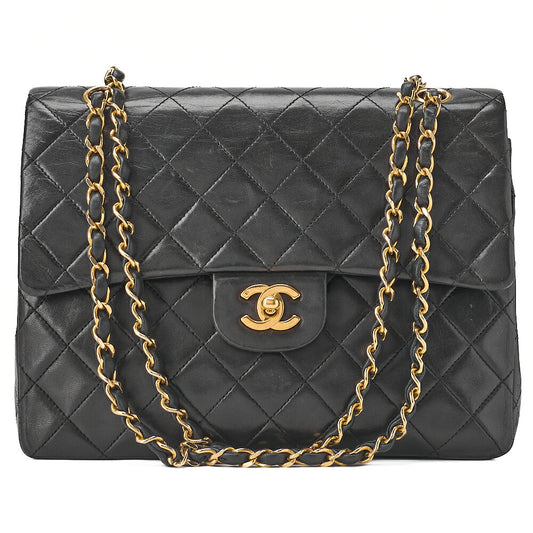 CHANEL Lambskin Matelasse 25cm Square Double Flap Chain Shoulder Black Gold-Tone Hardware, Pre-Owned