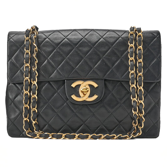 CHANEL Chain Shoulder Bag Deca Matelasse 34cm Single Flap Lambskin Black Gold-Tone Hardware, Pre-Owned