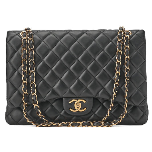 CHANEL Lambskin Deca Matelasse 33cm Double Flap Chain Shoulder Bag Black Gold-Tone Hardware, Pre-Owned