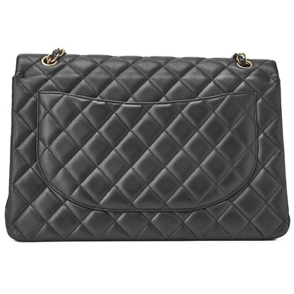 シャネル ラムスキン デカマトラッセ 33cm ダブルフラップ チェーンショルダーバッグ 黒 ゴールド金具 中古