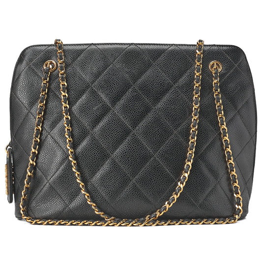 CHANEL Shoulder Bag Matelasse Plate Charm W Chain Shoulder Caviar Skin Black Gold-Tone Hardware, Pre-Owned