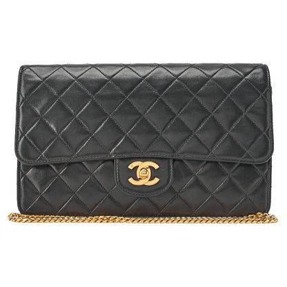 CHANEL Lambskin Matelasse 25cm Single Flap Grain Chain Shoulder Black Gold-Tone Hardware, Pre-Owned