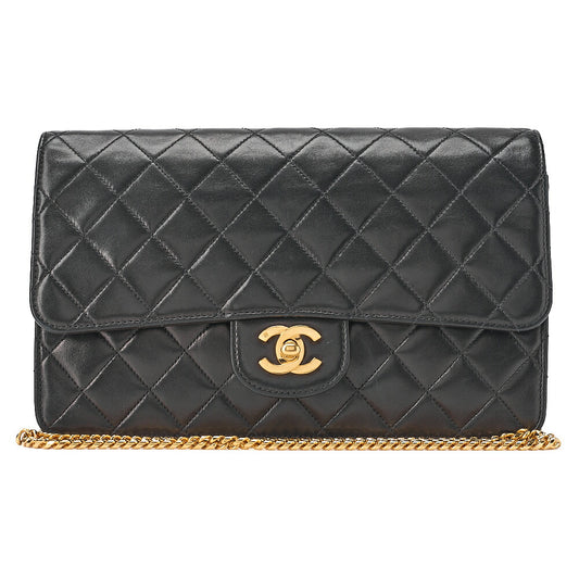 CHANEL Lambskin Matelasse 25cm Single Flap Grain Chain Shoulder Black Gold-Tone Hardware, Pre-Owned