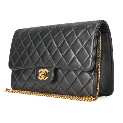 CHANEL Lambskin Matelasse 25cm Single Flap Grain Chain Shoulder Black Gold-Tone Hardware, Pre-Owned