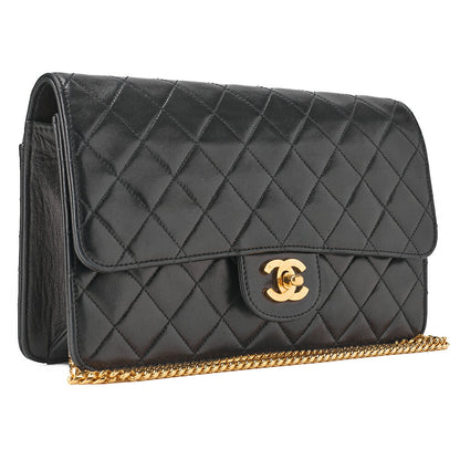 CHANEL Lambskin Matelasse 25cm Single Flap Grain Chain Shoulder Black Gold-Tone Hardware, Pre-Owned