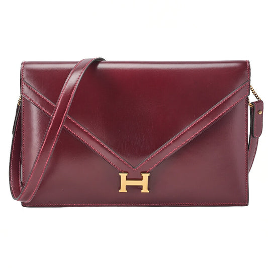 HERMES Hermes Liddy V-Flap Box Calf Shoulder Bag Rouge Ash Gold-Tone Hardware, Pre-Owned