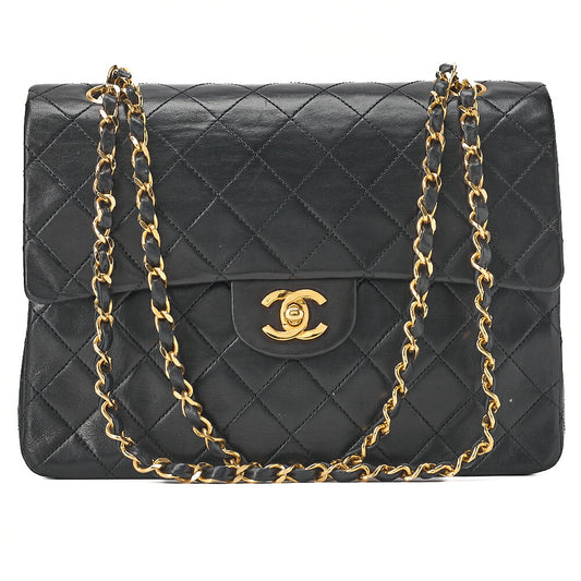 CHANEL Lambskin Matelasse 25cm Square Double Flap Chain Shoulder Black Gold-Tone Hardware, Pre-Owned