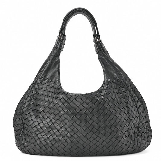 BOTTEGA VENETA Bottega Veneta Shoulder Bag Intrecciato Campana Lambskin Black Silver-Tone Hardware, Pre-Owned