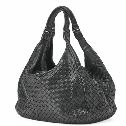 BOTTEGA VENETA Bottega Veneta Shoulder Bag Intrecciato Campana Lambskin Black Silver-Tone Hardware, Pre-Owned