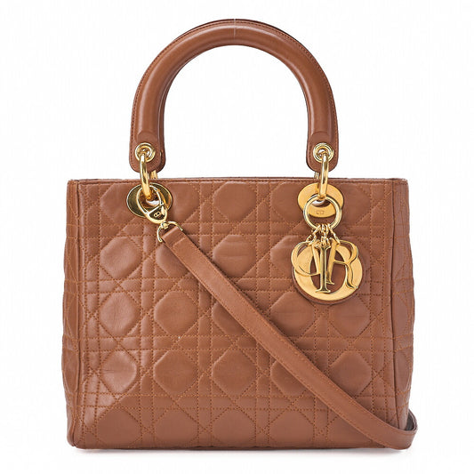 Dior Lady Dior Cannage Handbag 2way Shoulder Lambskin Brown Gold-Tone Hardware, Pre-Owned