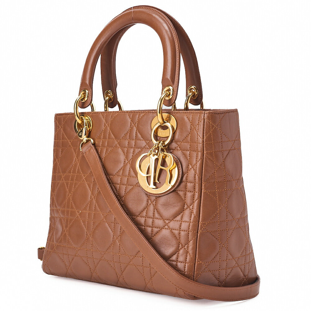 Dior Lady Dior Cannage Handbag 2way Shoulder Lambskin Brown Gold-Tone Hardware, Pre-Owned