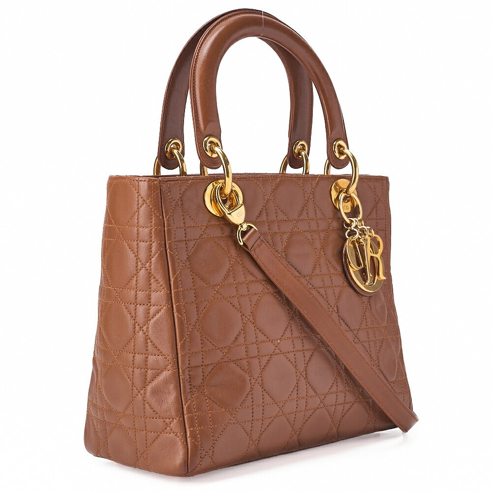 Dior Lady Dior Cannage Handbag 2way Shoulder Lambskin Brown Gold-Tone Hardware, Pre-Owned