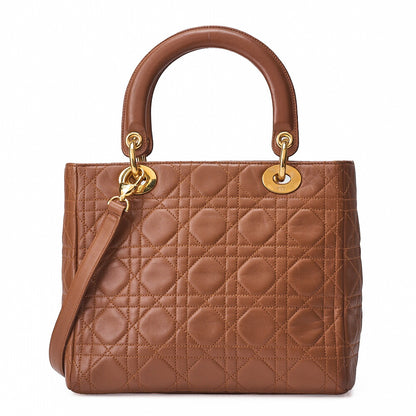 Dior Lady Dior Cannage Handbag 2way Shoulder Lambskin Brown Gold-Tone Hardware, Pre-Owned