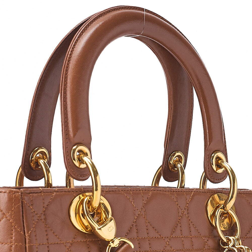 Dior Lady Dior Cannage Handbag 2way Shoulder Lambskin Brown Gold-Tone Hardware, Pre-Owned