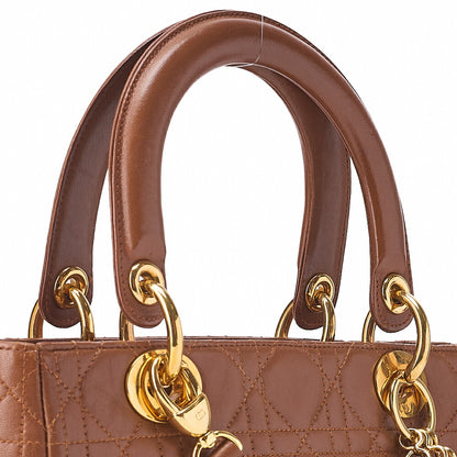 Dior Lady Dior Cannage Handbag 2way Shoulder Lambskin Brown Gold-Tone Hardware, Pre-Owned