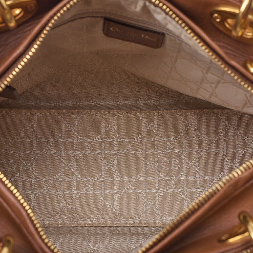 Dior Lady Dior Cannage Handbag 2way Shoulder Lambskin Brown Gold-Tone Hardware, Pre-Owned