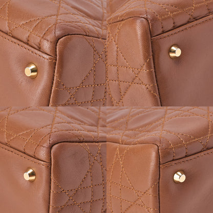 Dior Lady Dior Cannage Handbag 2way Shoulder Lambskin Brown Gold-Tone Hardware, Pre-Owned