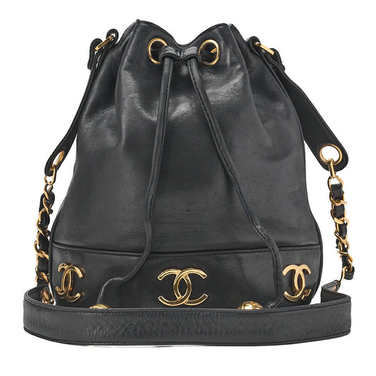 CHANEL Chain Shoulder Bag Triple Coco Lambskin Ball Charm Drawstring Black Gold-Tone Hardware, Pre-Owned