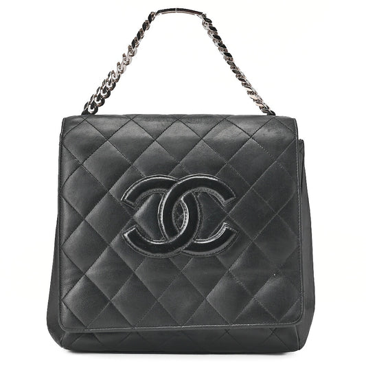 CHANEL Chain Handbag Matelasse Cocomark Lambskin Black Silver-Tone Hardware, Pre-Owned