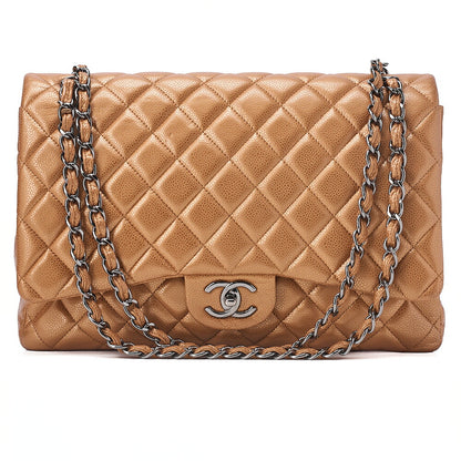CHANEL Caviar Skin Deca Matelasse 33cm Double Flap Chain Shoulder Bag Bronze Silver-Tone Hardware, Pre-Owned